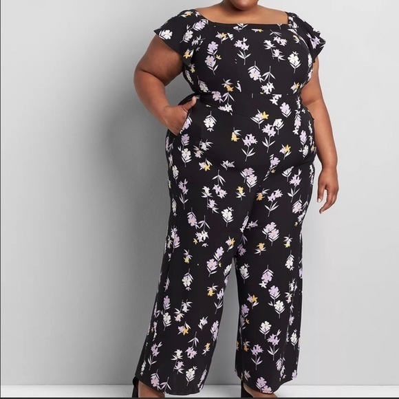 Lane Bryant Wide Leg Floral Black Lena Off the Shoulder Flutter Sleeve Jumpsuit - Picture 1 of 17